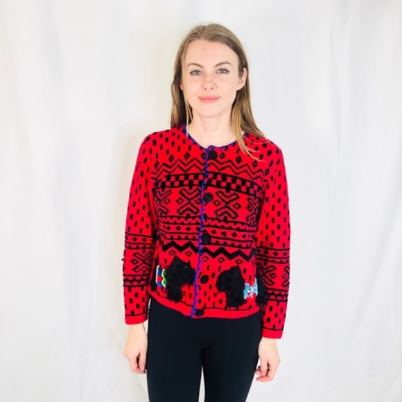 Vintage Sweaters - Vintage Berek Scottie Dogs Knit Sweater Beaded